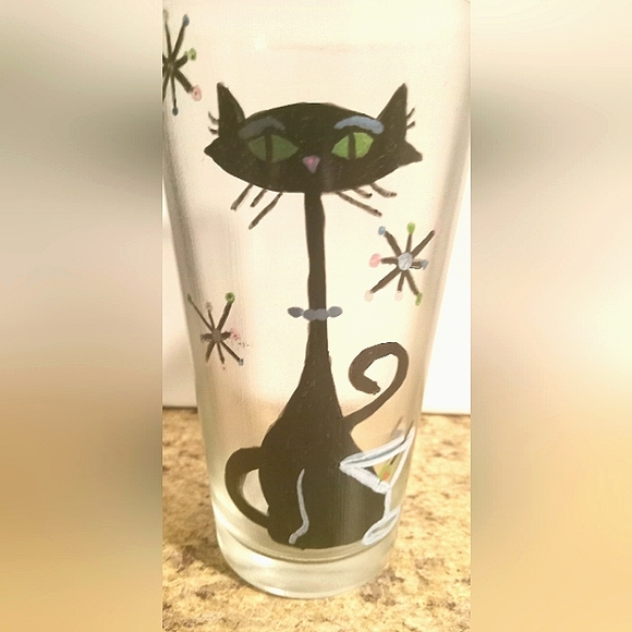 Handpainted Mid-century Inspired Black Atomic Cat Cocktail Glasses Set of 2 - Picture 3 of 4